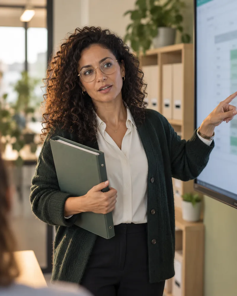 Nadia, operations en compliance, met een dossier bij een groot scherm