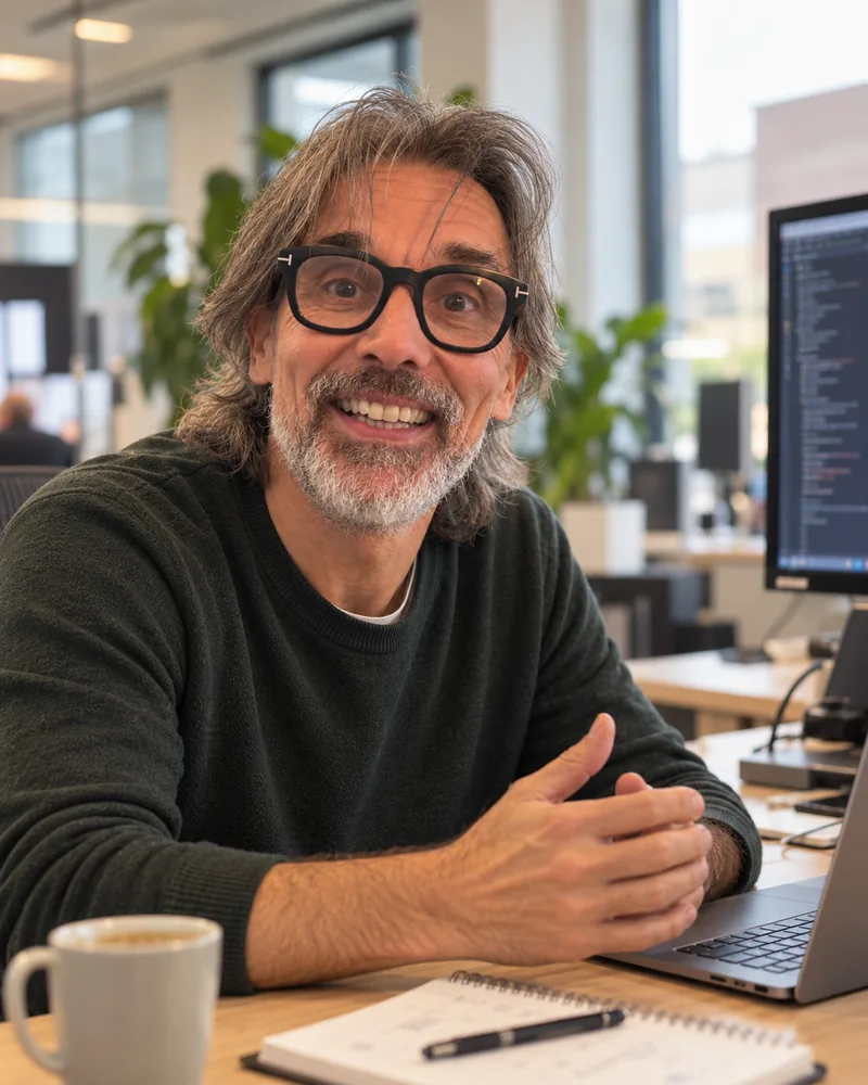 Richard, bouwer van Ambtera, aan zijn bureau