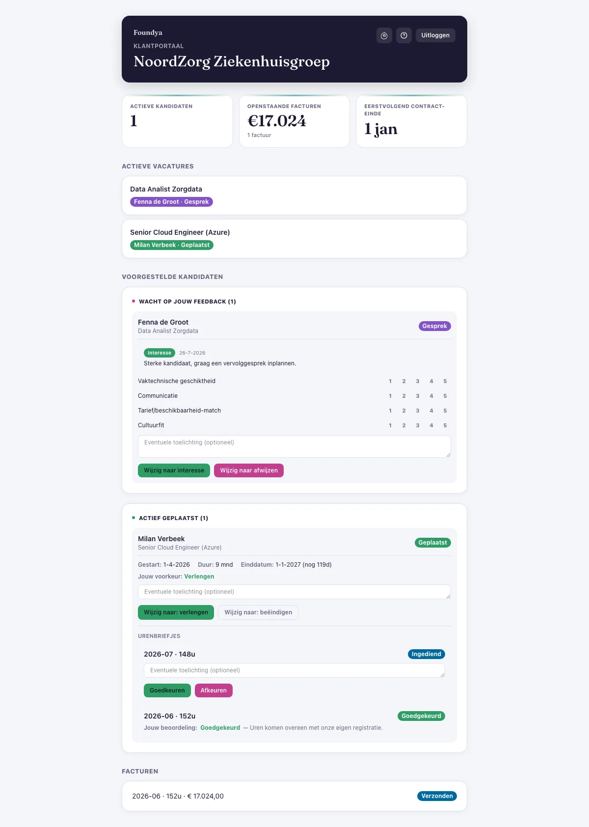 Klantportaal met contactpersonen, openstaande vacatures en aangeboden kandidaten