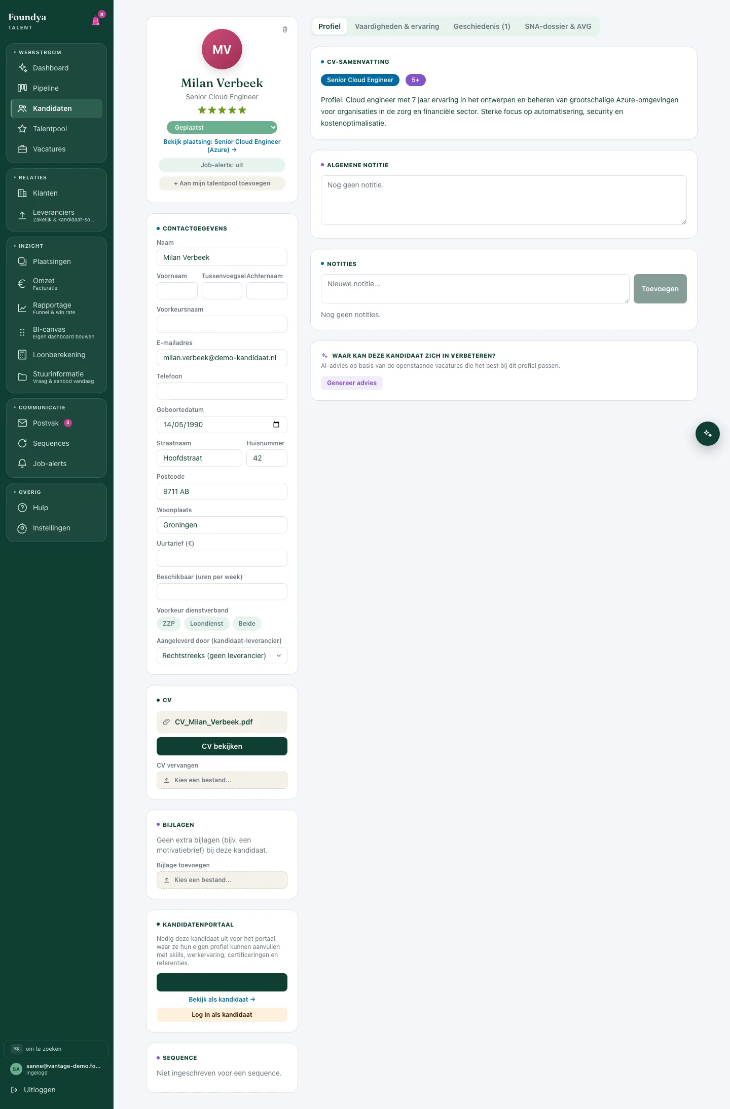 Kandidaatprofiel met contactgegevens, CV en skills