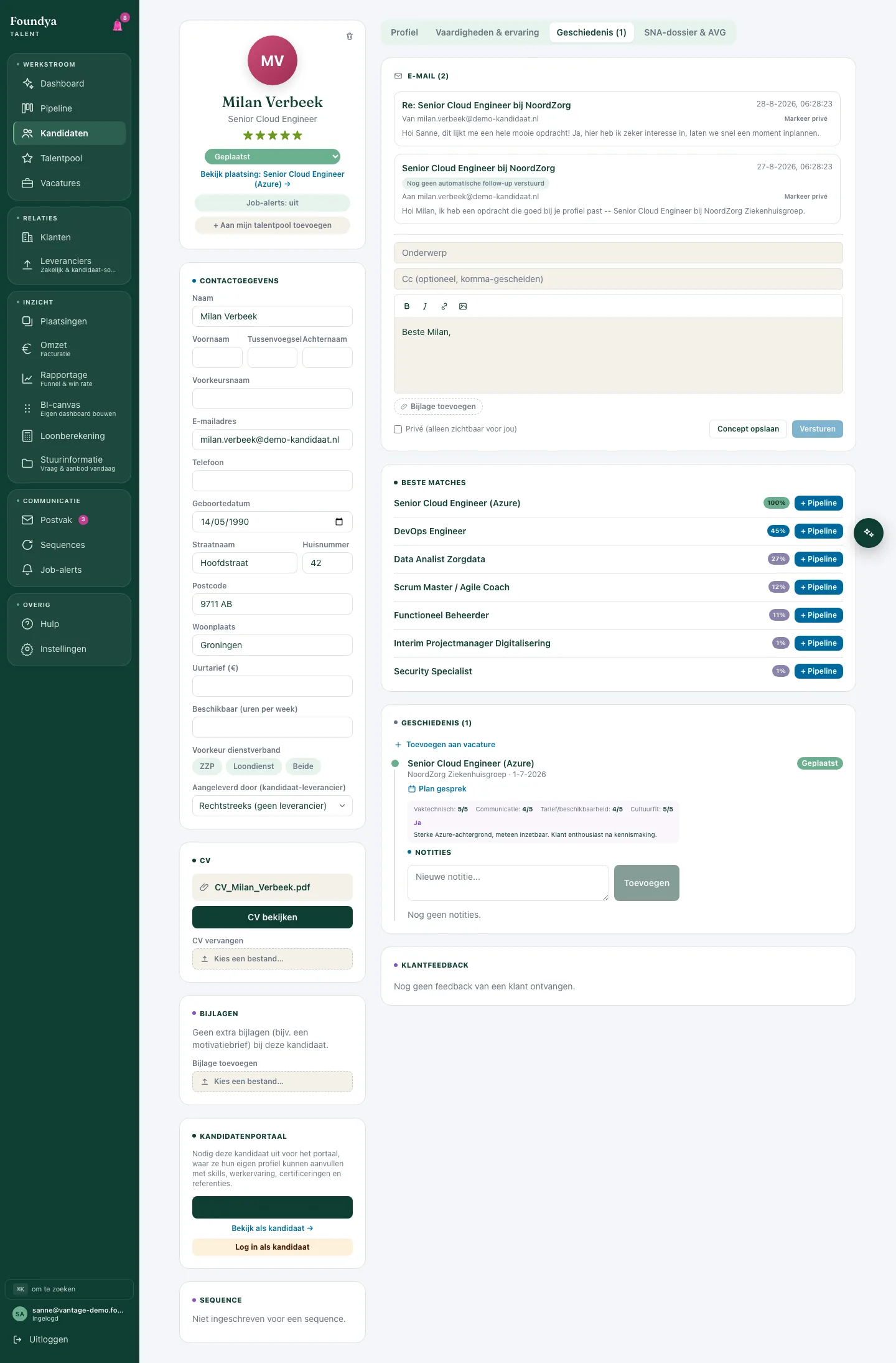 Ingevulde interviewscorecard bij een kandidaat: vaktechnisch, communicatie, tarief-match en cultuurfit, elk op vijf punten