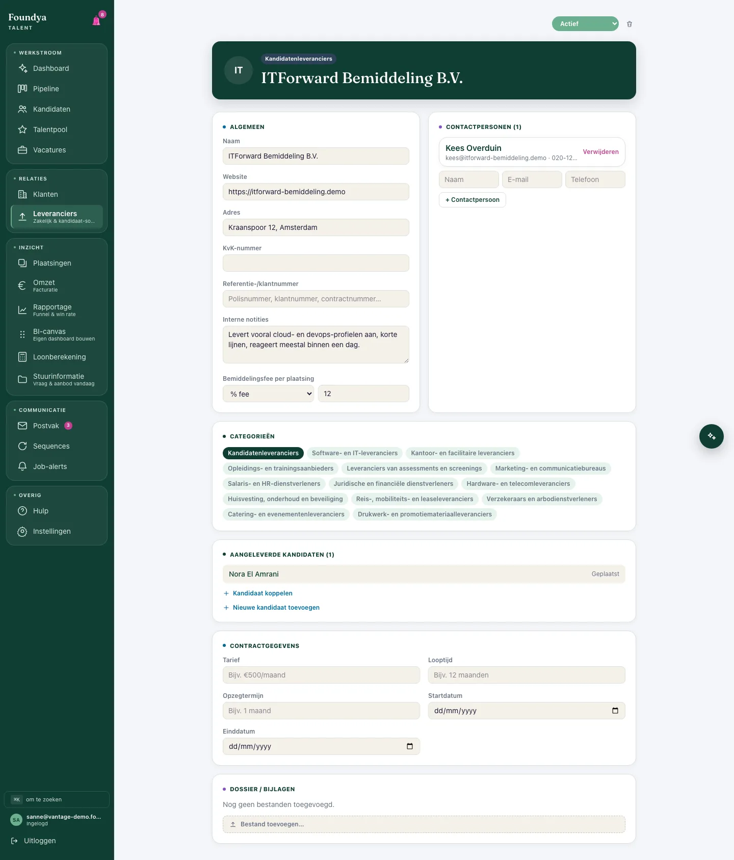 Leveranciersdetail met contactpersonen, bemiddelingsfee en aangeleverde kandidaten