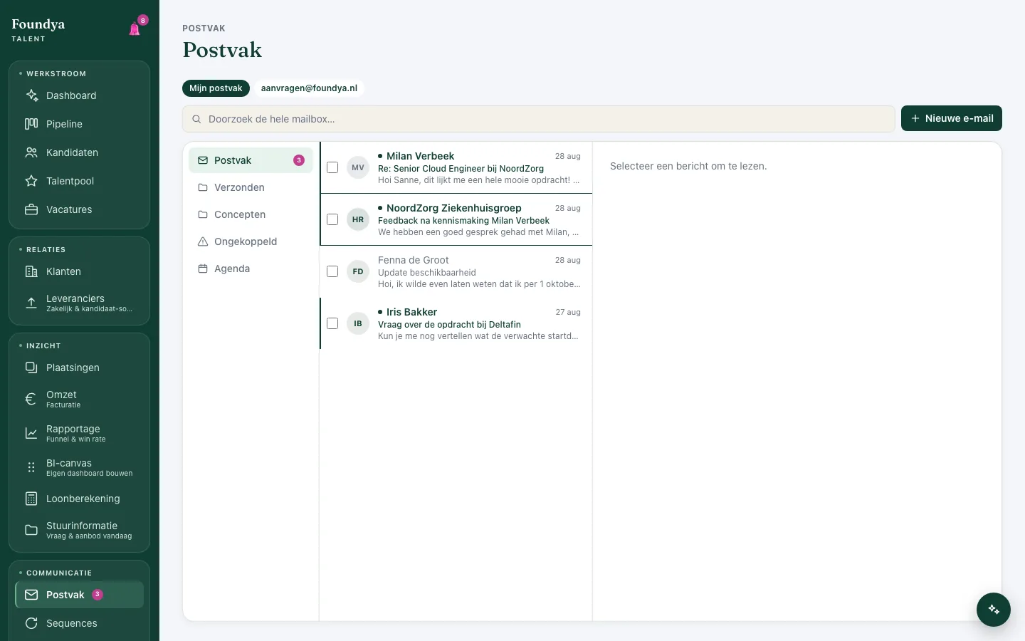 Postvak: gekoppelde mailclient met mappen, gedeelde teaminbox en automatische koppeling aan kandidaten en klanten