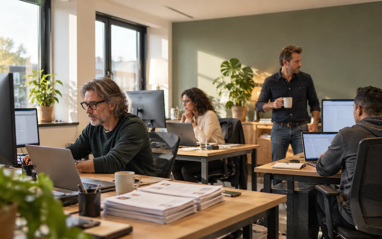 Een klein recruitmentbureau om negen uur in de ochtend: drie mensen aan hun bureau, een vierde staat met koffie